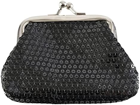 Black Sequin Coin Purse, Small Change Wallet for Women 4" L x 3 1/4" W, Black