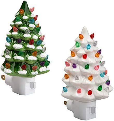 Ceramic Christmas Tree Night Lights - Set of 2 Holiday Plug-in Nightlights with Multicolor Bulbs - Vintage Green & White Snow-Capped Trees - Giftable Holiday Décor