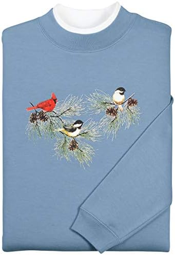 Chickadees & Cardinal Sweatshirt - Long Sleeve Crew Neck - Slate Blue - XL