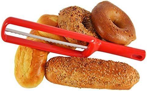 Closed Bread Roll Slicer with Durable Red Plastic Frame, Serrated Metal Blade-11" L