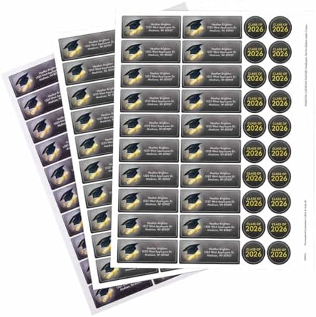 Custom Graduation Address Labels & Seals - Includes a Set of 60 Graduation Self-Stick Sheeted Labels Sized at 2 ½ in. Long x 1 in. Wide and Matching Seals