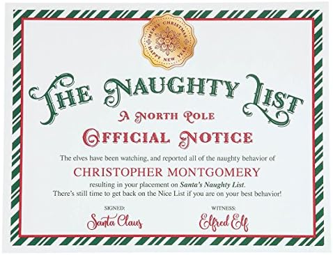 Custom Santa Naughty List Certificate, Made of Premium Cardstock