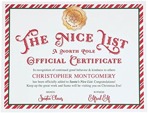 Custom Santa Nice List Certificate, Made of Premium Cardstock
