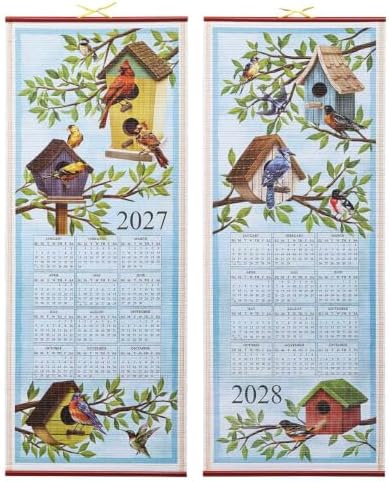 Dual-Sided 2 Year Scroll Calendar, Birds Houses Design - Ideal for Small Spaces - Bamboo-Like Paper