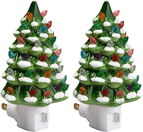 Green Snow-Capped Ceramic Tree Night Light, Set of 2