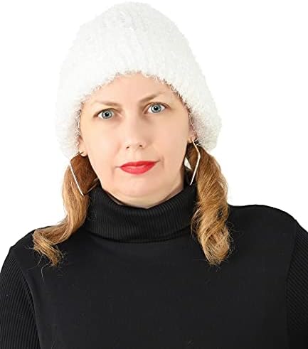 Lightweight Beanie, Winter Beanie for Women, Winter Hat for Women, Knit Cap, Ladies Hats for Winter, Stretch Knit Eyelash Yarn Hat, 16" Cir x 13" L, White