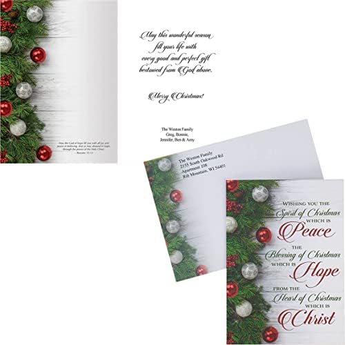 Personalized Peace, Hope, Christ Christmas Card Set of 20, Card and Front of Envelope Personalization with Design