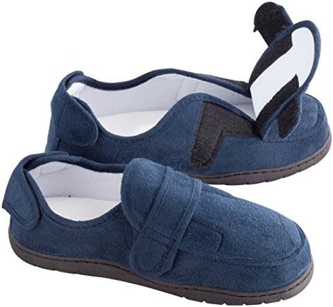 Plush Memory Foam Slippers, Adjustable for Custom Fit, 100% Polyester, Sturdy Rubber Soles, Unisex - Navy Blue, Medium