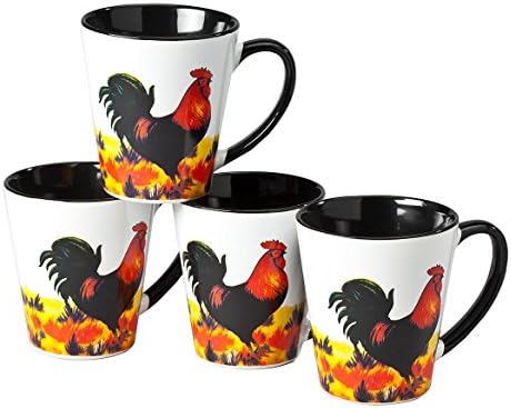 Rustic Rooster Coffee Mugs, Each 8 oz. - Set of 4 Glazed