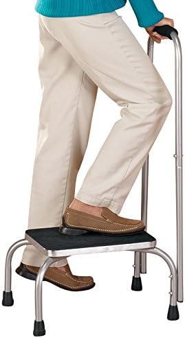 Step Stool with Tall Handle, Steel, Rubberized Platform, 16" Long x 12" Wide x 34" High, Black & Chrome