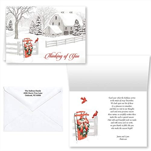 Thinking of You Christmas Card Set of 20, White with Red Accents